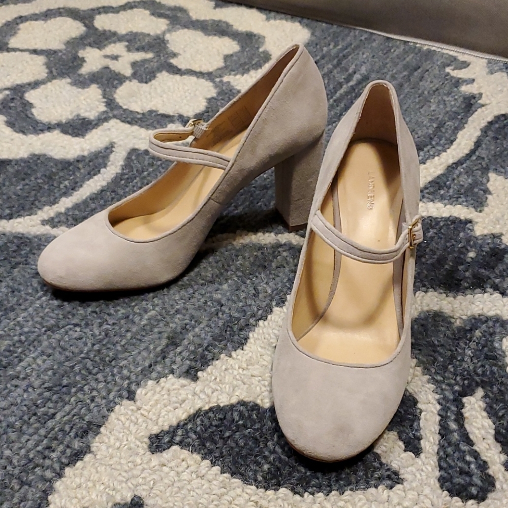 Lands end grey gray suede block heels